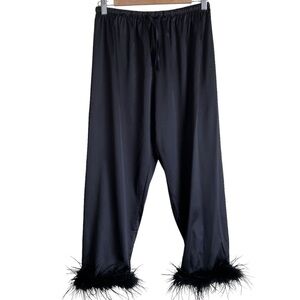 Feather Trimmed Black Satin Pajama Pants Bottoms Elastic Waist Drawstring Sz M